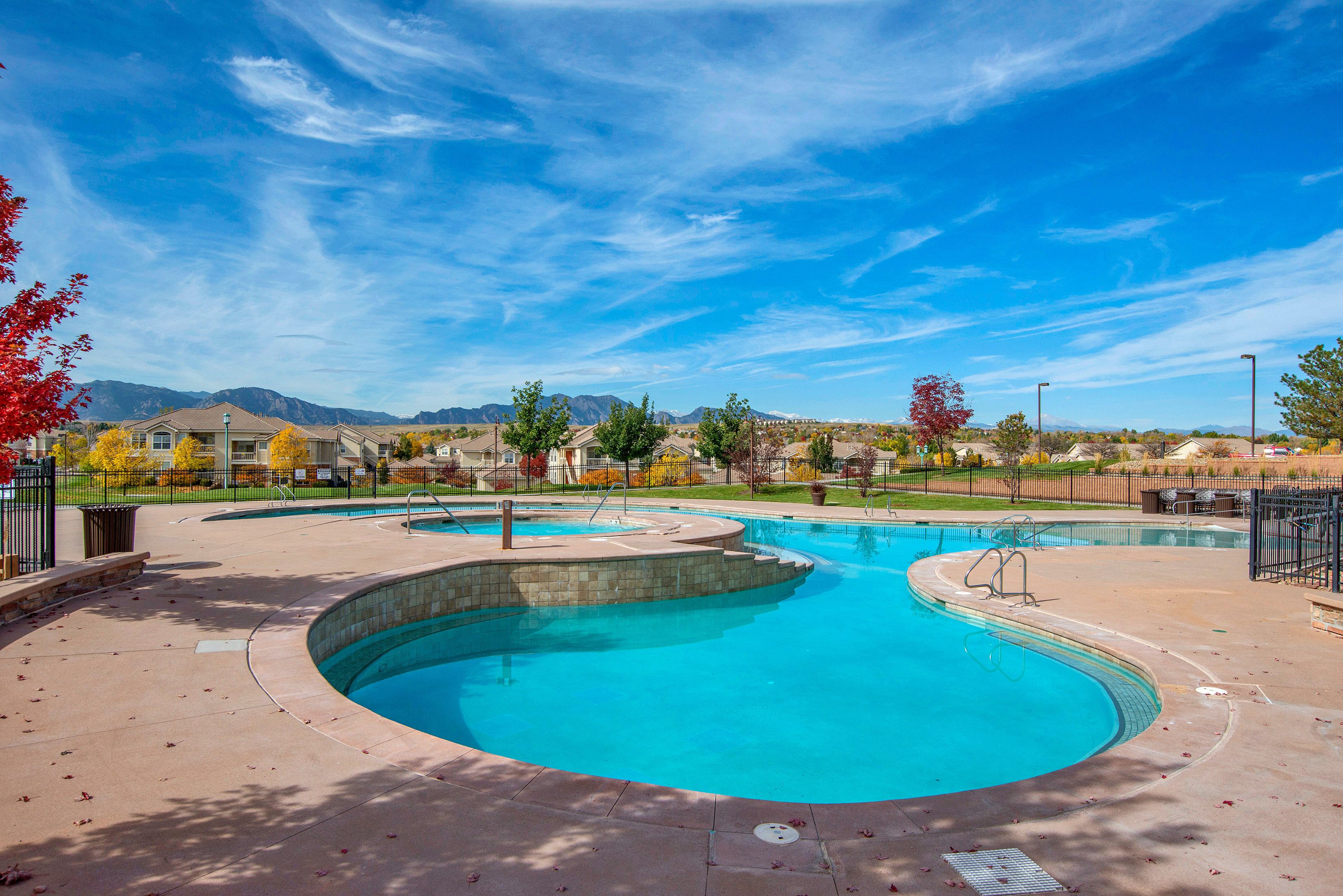 A large swimming pool with trees in the background.